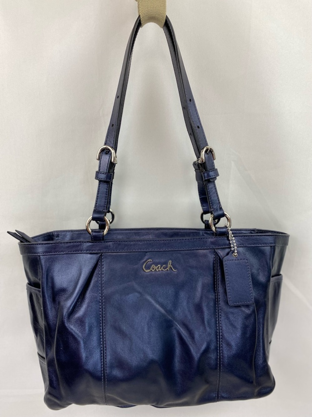 Coach Leather East West Gallery Metallic Blue Leather Tote Shoulder Bag # F17721